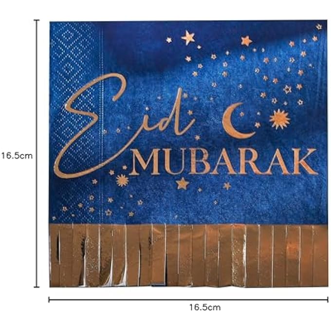 EID MUBARAK NAVY AND GOLD FRINGE NAPKINS16 PACK, BLUE - Image 5
